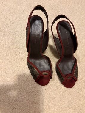 Elie Tahari Red Slingback Peep-Toe Heels with Woven Detail